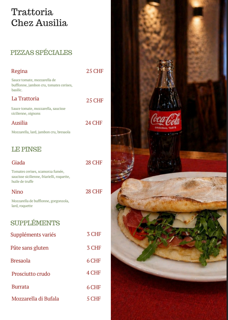 Menu des pizzas spéciales